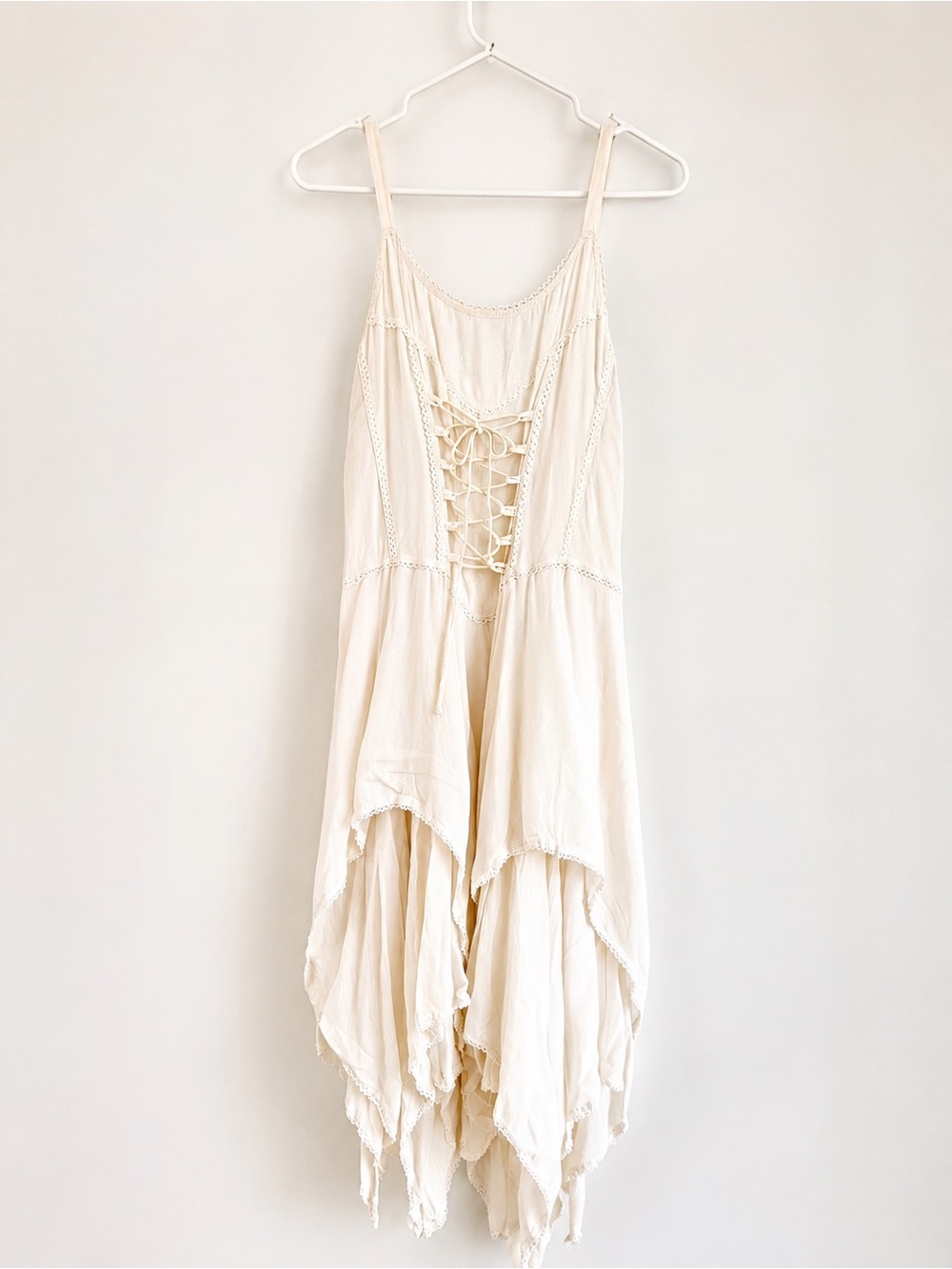 Advanced Apparel White Lace-Up Handkerchief Hem Boho Dress | One Size